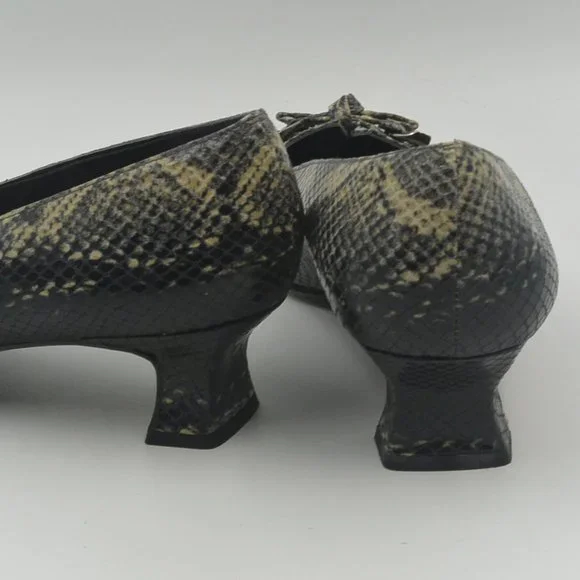 Stuart Weitzman Snakeskin Leather Pumps 7 M Black Tan Square Toe Kitten Heel - Picture 6 of 12
